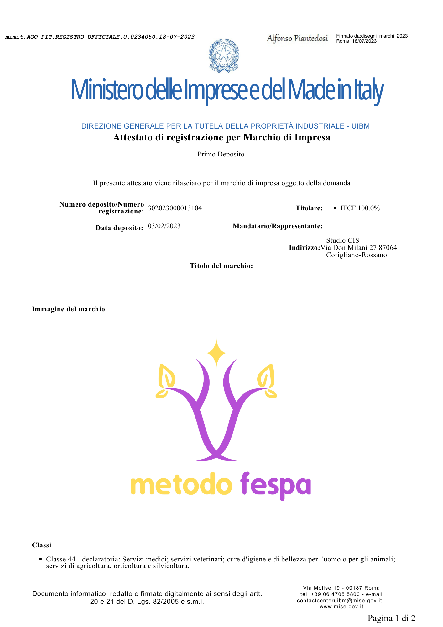 Attestato di registrazione del marchio Metodo FESPA — pagina 1 (UIBM, Ministero delle Imprese e del Made in Italy)