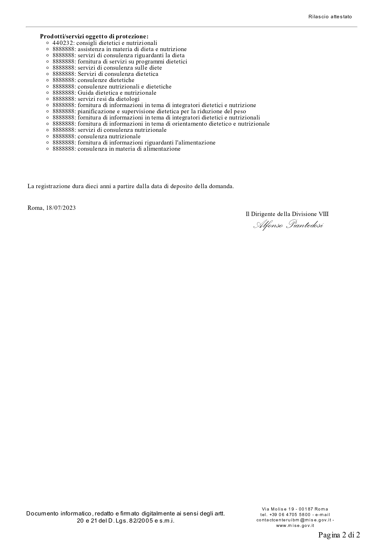 Attestato di registrazione del marchio Metodo FESPA — pagina 2 (servizi protetti e durata)