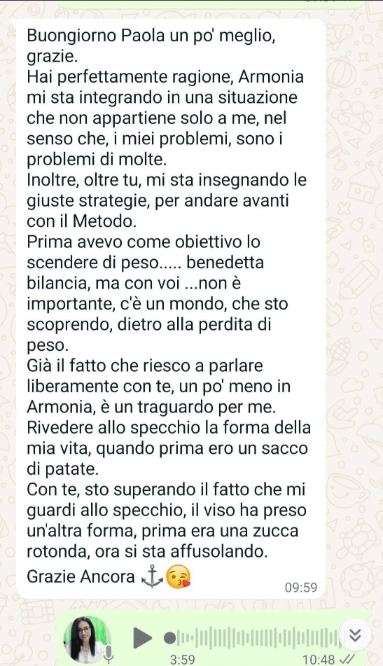 Messaggio reale di una cliente del Metodo FESPA